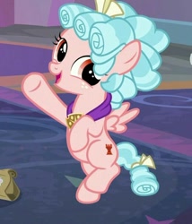 Size: 612x715 | Tagged: safe, screencap, character:cozy glow, species:pegasus, species:pony, episode:school raze, g4, my little pony: friendship is magic, bag, cozybetes, cropped, cute, dawwww, female, filly, flying, freckles, open mouth, pure concentrated unfiltered evil of the utmost potency, pure unfiltered evil, raised hoof, raised leg, smiling, solo, spread wings, underhoof, weapons-grade cute, wings