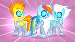Size: 1280x720 | Tagged: safe, screencap, character:fleetfoot, character:rainbow dash, character:spitfire, species:pegasus, species:pony, episode:rainbow falls, g4, my little pony: friendship is magic, clothing, female, flight suit, goggles