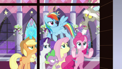 Size: 1920x1080 | Tagged: safe, screencap, character:applejack, character:discord, character:fluttershy, character:pinkie pie, character:rainbow dash, character:rarity, character:spike, species:dragon, episode:the summer sun setback, g4, my little pony: friendship is magic, rain, window, winged spike