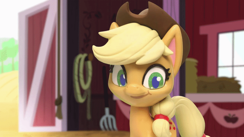 Size: 800x450 | Tagged: safe, screencap, character:applejack, species:earth pony, species:pony, g4.5, my little pony: stop motion short, my little pony:pony life, animated, barn, clothing, food, gif, hat, looking at you, one eye closed, pie, pie assembly line (short), smiling, solo, stop motion, sunburst background, wink, winking at you