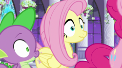 Size: 1920x1080 | Tagged: safe, screencap, character:fluttershy, character:pinkie pie, character:spike, species:dragon, species:earth pony, species:pegasus, species:pony, episode:the summer sun setback, g4, my little pony: friendship is magic, bipedal, canterlot, canterlot castle, female, folded wings, looking at something, male, night, offscreen character, side view, wavy mouth, winged spike, wings