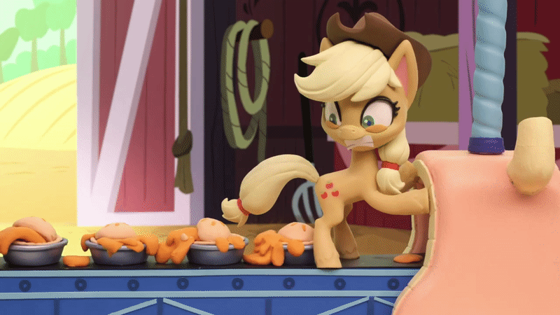 Size: 800x450 | Tagged: safe, screencap, character:applejack, species:earth pony, species:pony, g4.5, my little pony: stop motion short, my little pony:pony life, animated, assembly line, barn, clenched teeth, clothing, conveyor belt, eyes closed, food, gif, hat, machine, mistakes were made, no osha compliance, oven, pie, pie assembly line (short), scared, solo, stop motion, struggling, worried