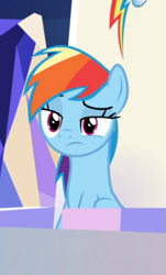 Size: 327x543 | Tagged: safe, screencap, character:rainbow dash, species:pegasus, species:pony, episode:sparkle's seven, g4, my little pony: friendship is magic, cropped, female, friendship throne, lidded eyes, mare, raised eyebrow, solo