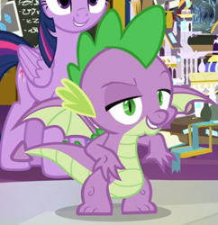Size: 579x598 | Tagged: safe, screencap, character:spike, character:twilight sparkle, character:twilight sparkle (alicorn), species:alicorn, species:dragon, species:pony, episode:sparkle's seven, g4, my little pony: friendship is magic, bedroom eyes, cropped, faec, smiling, solo focus, spread wings, winged spike, wings