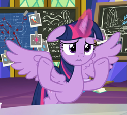 Size: 973x883 | Tagged: safe, screencap, character:twilight sparkle, character:twilight sparkle (alicorn), species:alicorn, species:pony, episode:sparkle's seven, g4, my little pony: friendship is magic, cropped, female, floppy ears, glowing horn, horn, mare, solo, spread wings, wings