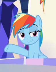 Size: 372x474 | Tagged: safe, screencap, character:rainbow dash, episode:sparkle's seven, g4, my little pony: friendship is magic, cropped, faec, lidded eyes, raised eyebrow, sitting, smiling, smirk, smug, smugdash, solo