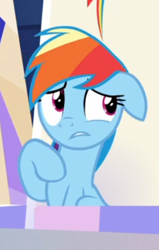 Size: 282x444 | Tagged: safe, screencap, character:rainbow dash, episode:sparkle's seven, g4, my little pony: friendship is magic, cropped, floppy ears, sitting, solo, worried