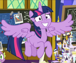 Size: 782x653 | Tagged: safe, screencap, character:twilight sparkle, character:twilight sparkle (alicorn), species:alicorn, species:pony, episode:sparkle's seven, g4, my little pony: friendship is magic, cropped, female, flying, mare, smiling, solo, spread wings, wings