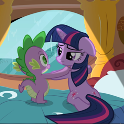Size: 892x893 | Tagged: safe, screencap, character:spike, character:twilight sparkle, character:twilight sparkle (unicorn), species:pony, species:unicorn, episode:magical mystery cure, g4, my little pony: friendship is magic, bed, cropped, duo, floppy ears, golden oaks library, rain, window