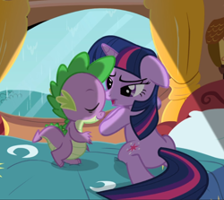 Size: 960x855 | Tagged: safe, screencap, character:spike, character:twilight sparkle, character:twilight sparkle (unicorn), species:pony, species:unicorn, episode:magical mystery cure, g4, my little pony: friendship is magic, bed, cropped, duo, floppy ears, golden oaks library, rain, window