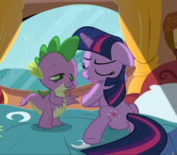 Size: 962x843 | Tagged: safe, screencap, character:spike, character:twilight sparkle, character:twilight sparkle (unicorn), species:pony, species:unicorn, episode:magical mystery cure, g4, my little pony: friendship is magic, bed, cropped, duo, eyes closed, floppy ears, golden oaks library, rain, window