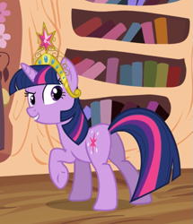 Size: 769x895 | Tagged: safe, screencap, character:twilight sparkle, character:twilight sparkle (unicorn), species:pony, species:unicorn, episode:magical mystery cure, g4, my little pony: friendship is magic, big crown thingy, cropped, crown, element of magic, female, golden oaks library, grin, jewelry, mare, raised hoof, regalia, smiling, solo