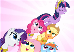 Size: 1330x939 | Tagged: safe, screencap, character:applejack, character:fluttershy, character:pinkie pie, character:rainbow dash, character:rarity, character:twilight sparkle, character:twilight sparkle (unicorn), species:pony, species:unicorn, episode:magical mystery cure, g4, my little pony: friendship is magic, big crown thingy, cropped, element of generosity, element of honesty, element of laughter, element of magic, eyes closed, group, jewelry, mane six, pyramid, regalia, smiling