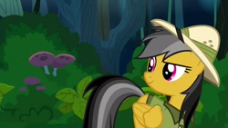Size: 1280x720 | Tagged: safe, screencap, character:daring do, species:pegasus, species:pony, episode:stranger than fanfiction, bush, clothing, dreamworks face, female, flying, folded wings, grin, hat, jungle, leaves, looking at something, mushroom, plant, smiling, solo, tree, wings