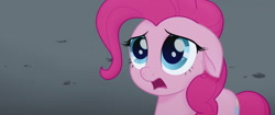 Size: 1920x804 | Tagged: safe, screencap, character:pinkie pie, species:earth pony, species:pony, my little pony: the movie (2017), about to cry, basalt beach, big eyes, cute, dark background, female, floppy ears, frown, heartbreak, looking up, mare, not cool, offended, ouch, poor pinkie pie, reality, sad, shocked, solo, speechless, surprised, wet mane