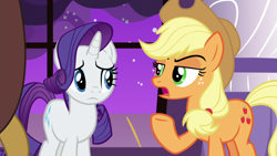 Size: 1920x1080 | Tagged: safe, screencap, character:applejack, character:discord, character:rarity, species:draconequus, species:earth pony, species:pony, species:unicorn, episode:the summer sun setback, g4, my little pony: friendship is magic, applejack's hat, cowboy hat, discussion, duo focus, female, freckles, frown, hair flip, looking at each other, male, mare, narrowed eyes, night, ponytail, raised hoof, stetson