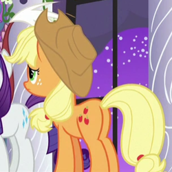 Size: 306x305 | Tagged: safe, screencap, character:applejack, character:discord, character:rarity, species:earth pony, species:pony, episode:the summer sun setback, g4, my little pony: friendship is magic, applebutt, applejack's hat, canterlot castle, clothing, cowboy hat, cropped, cute, cutie mark, female, freckles, frown, hat, mare, night, plot, ponytail, solo focus, stetson, worried