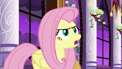Size: 1920x1080 | Tagged: safe, screencap, character:fluttershy, species:pegasus, species:pony, species:unicorn, episode:the summer sun setback, g4, my little pony: friendship is magic, canterlot, canterlot castle, determined, female, folded wings, night, open mouth, rearing, solo, wings
