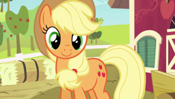 Size: 1920x1080 | Tagged: safe, screencap, character:applejack, species:earth pony, species:pony, episode:spike at your service, g4, my little pony: friendship is magic, apple, apple tree, cute, female, hay bale, jackabetes, mare, solo, sweet apple acres, tree