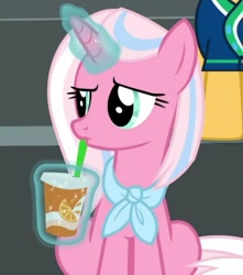 Size: 539x610 | Tagged: safe, screencap, character:clear sky, species:pony, species:unicorn, episode:common ground, g4, my little pony: friendship is magic, clothing, confused, cropped, drinking, glowing horn, horn, juice, looking at someone, offscreen character, orange juice, reaction image, solo focus