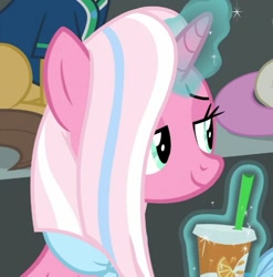 Size: 711x720 | Tagged: safe, screencap, character:caramel, character:clear sky, character:twinkleshine, species:pony, species:unicorn, episode:common ground, g4, my little pony: friendship is magic, cropped, glowing horn, horn, juice, lidded eyes, mane, orange juice, sassy, solo focus