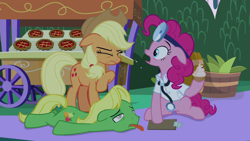 Size: 1920x1080 | Tagged: safe, screencap, character:applejack, character:pinkie pie, character:wensley, episode:the summer sun setback, g4, my little pony: friendship is magic, cupcake, food, pie, tongue out