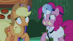 Size: 1920x1080 | Tagged: safe, screencap, character:applejack, character:pinkie pie, species:earth pony, species:pony, episode:the summer sun setback, g4, my little pony: friendship is magic, applejack's hat, bush, canterlot, chubby cheeks, clothing, cowboy hat, cute, diapinkes, doctor, duo, female, food, happy, hat, messy, night, pie, pinkie being pinkie, raised hoof, sloppy joe, smiling