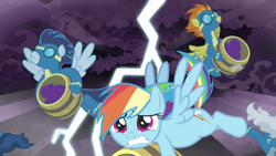 Size: 1920x1080 | Tagged: safe, screencap, character:high winds, character:rainbow dash, character:silver lining, character:soarin', character:spitfire, episode:the summer sun setback, g4, my little pony: friendship is magic, barrel, clothing, cloud, goggles, lightning, uniform, wonderbolts uniform