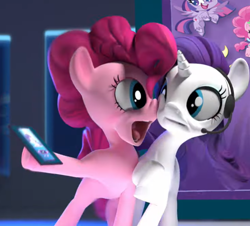 Size: 704x636 | Tagged: safe, screencap, character:pinkie pie, character:rarity, species:earth pony, species:pony, species:unicorn, boop, cellphone, cropped, duo, headset, hello pinkie pie, hoof hold, noseboop, personal space invasion, phone, smartphone