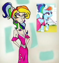 Size: 2560x2727 | Tagged: safe, artist:citi, screencap, character:rainbow dash, species:human, episode:sparkle's seven, g4, my little pony: friendship is magic, absolute cleavage, alternate hairstyle, breasts, cleavage, clothing, dress, ear piercing, female, humanized, megaradash, piercing, rainbow dash always dresses in style, scene interpretation, screencap reference, small breasts, solo, traditional art, unamused