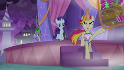 Size: 1920x1080 | Tagged: safe, screencap, character:fire flare, character:rarity, character:spike, species:dragon, episode:the summer sun setback, g4, my little pony: friendship is magic, barrel, fireworks, stage, winged spike