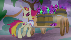 Size: 1920x1080 | Tagged: safe, screencap, character:fire flare, episode:the summer sun setback, g4, my little pony: friendship is magic, barrel, bush, canterlot, cart, clothing, eyes closed, eyeshadow, female, fireworks, fog, implied rarity, makeup, night, open mouth, raised hoof, solo, unamused, vest, wagon