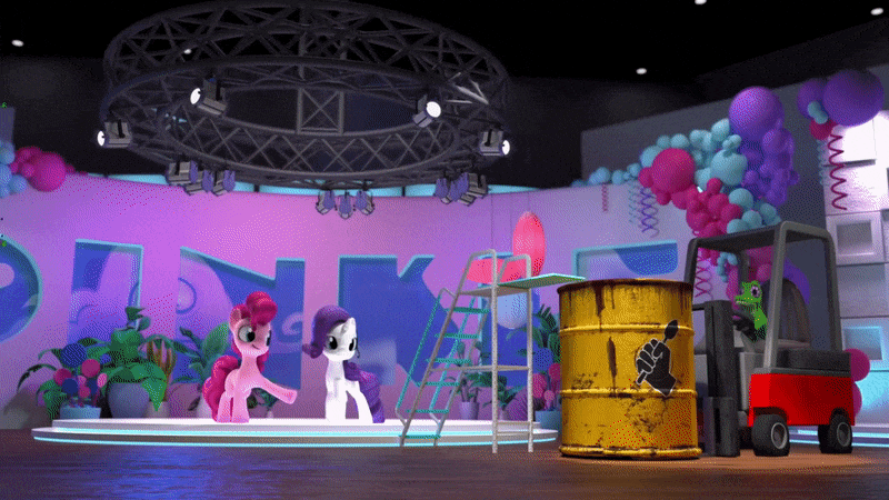 Size: 800x450 | Tagged: safe, screencap, character:gummy, character:pinkie pie, character:rarity, species:earth pony, species:pony, species:unicorn, 3d, animated, defying physics, food, forklift, gif, gotcha, headset, hello pinkie pie, hiding, in which pinkie pie forgets how to gravity, oil drum, pinkie being pinkie, pinkie physics, pudding, running, shocked, stage, stagelights, stepladder, surprised
