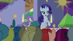 Size: 1920x1080 | Tagged: safe, screencap, character:cayenne, character:jet set, character:lemon hearts, character:rarity, character:spike, species:dragon, species:pony, species:unicorn, episode:the summer sun setback, g4, my little pony: friendship is magic, bedroom eyes, canterlot, female, folded wings, hot streak, male, night, raised hoof, smiling, stage, winged spike, wings