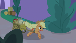 Size: 1920x1080 | Tagged: safe, screencap, character:applejack, species:earth pony, species:pony, episode:the summer sun setback, g4, my little pony: friendship is magic, apple, applejack is not amused, applejack's hat, barrel, box, bush, canterlot, cart, clothing, cowboy hat, female, food, freckles, hat, lidded eyes, open mouth, running, solo, unamused, wagon