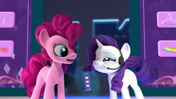 Size: 1920x1080 | Tagged: safe, screencap, character:pinkie pie, character:rarity, species:earth pony, species:pony, species:unicorn, aura, blue eyeshadow, duo, eyeshadow, female, grin, hello pinkie pie, looking at each other, makeup, mare, open mouth, smiling