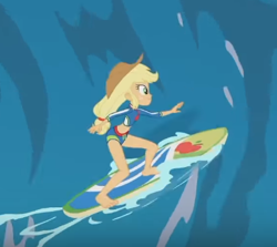 Size: 399x356 | Tagged: safe, screencap, character:applejack, episode:blue crushed (a.k.a baewatch), g4, my little pony:equestria girls, barefoot, clothing, cropped, feet, legs, solo, surfboard, surfing, swimsuit