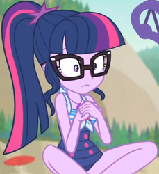 Size: 768x840 | Tagged: safe, screencap, character:twilight sparkle, character:twilight sparkle (scitwi), species:eqg human, equestria girls:forgotten friendship, g4, my little pony:equestria girls, beach chair, beach umbrella, clothing, cropped, cute, female, geode of telekinesis, glasses, jewelry, legs, magical geodes, necklace, outdoors, ponytail, raised eyebrows, sitting, sky, sleeveless, solo, swimsuit, tree, twiabetes, wide eyes