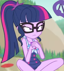Size: 756x841 | Tagged: safe, screencap, character:twilight sparkle, character:twilight sparkle (scitwi), species:eqg human, equestria girls:forgotten friendship, g4, my little pony:equestria girls, beach chair, clothing, cropped, cute, female, geode of telekinesis, glasses, jewelry, legs, lidded eyes, magical geodes, necklace, outdoors, ponytail, sitting, sky, sleeveless, solo, swimsuit, tree, twiabetes, umbrella