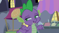 Size: 1920x1080 | Tagged: safe, screencap, character:spike, species:dragon, episode:the summer sun setback, g4, my little pony: friendship is magic, canterlot, food, lidded eyes, male, night, open mouth, pie, shrug, smiling, solo, winged spike