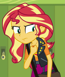 Size: 767x908 | Tagged: safe, screencap, character:sunset shimmer, equestria girls:forgotten friendship, g4, my little pony:equestria girls, canterlot high, cropped, female, hallway, lockers, solo