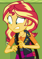 Size: 643x898 | Tagged: safe, screencap, character:sunset shimmer, equestria girls:forgotten friendship, g4, my little pony:equestria girls, canterlot high, cropped, female, geode of empathy, hallway, lockers, magical geodes, shrunken pupils, solo
