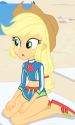 Size: 398x657 | Tagged: safe, screencap, character:applejack, equestria girls:forgotten friendship, g4, my little pony:equestria girls, apple, applejack's hat, beach, beach towel, clothing, cowboy hat, cropped, cute, female, food, geode of super strength, hat, jackabetes, jewelry, legs, magical geodes, midriff, necklace, outdoors, sandals, sitting, solo, swimsuit