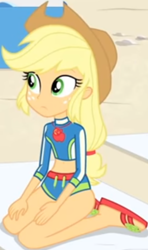 Size: 390x661 | Tagged: safe, screencap, character:applejack, equestria girls:forgotten friendship, g4, my little pony:equestria girls, apple, applejack's hat, beach towel, clothing, cowboy hat, cropped, cute, female, food, geode of super strength, hat, jackabetes, jewelry, legs, magical geodes, midriff, necklace, outdoors, sandals, solo, swimsuit