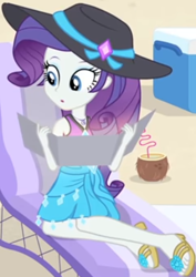 Size: 542x766 | Tagged: safe, screencap, character:rarity, equestria girls:forgotten friendship, g4, my little pony:equestria girls, beach, beach chair, beach towel, bikini, bikini top, clothing, coconut, cooler, cropped, cute, diamond, female, food, geode of shielding, hat, jewelry, legs, magical geodes, necklace, raribetes, sandals, sitting, sleeveless, solo, straw, sun hat, swimsuit, tanning mirror