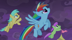 Size: 1920x1080 | Tagged: safe, screencap, character:merry may, character:rainbow dash, character:sunshower raindrops, species:pegasus, species:pony, episode:the summer sun setback, g4, my little pony: friendship is magic, clothing, cloud, cloudy, determined, female, flag, flying, grin, night, side view, smiling, spread wings, underwear, wings