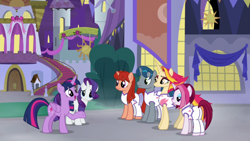 Size: 1920x1080 | Tagged: safe, screencap, character:cayenne, character:fire flare, character:rarity, character:twilight sparkle, character:twilight sparkle (alicorn), species:alicorn, species:pony, species:unicorn, episode:the summer sun setback, g4, my little pony: friendship is magic, building, canterlot, clothing, female, folded wings, frown, grin, hot streak, lidded eyes, looking at each other, male, night, night fire, open mouth, raised hoof, smiling, talking, underhoof, wings