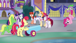 Size: 1920x1080 | Tagged: safe, screencap, character:apple bumpkin, character:cayenne, character:fire flare, character:pinkie pie, character:rarity, character:spike, character:twilight sparkle, character:twilight sparkle (alicorn), character:wensley, species:alicorn, species:dragon, species:earth pony, species:pony, species:unicorn, episode:the summer sun setback, g4, my little pony: friendship is magic, apple family member, background pony, building, canterlot, carrying, clothing, cute, diapinkes, faec, female, flying, frown, grin, hot streak, looking away, male, mare, night, night fire, party cannon, smiling, stallion, underhoof, wide eyes, winged spike
