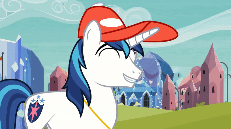 Size: 800x450 | Tagged: safe, screencap, character:shining armor, species:pony, species:unicorn, episode:games ponies play, g4, my little pony: friendship is magic, animated, clothing, crystal empire, hat, laughing