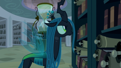 Size: 1920x1080 | Tagged: safe, screencap, character:queen chrysalis, species:changeling, episode:the summer sun setback, g4, my little pony: friendship is magic, book, bookshelf, canterlot, canterlot library, crown, evil planning in progress, female, former queen chrysalis, frown, hourglass, insect wings, intruder, jewelry, library, regalia, scroll, searching, side view, sin of greed, solo, spread wings, wings